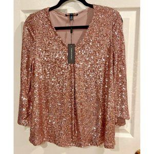 CABLE AND GAUGE PINK SEQUIN TOP BELL SLEEVES WITH PEEK A BOO SHOULDER L